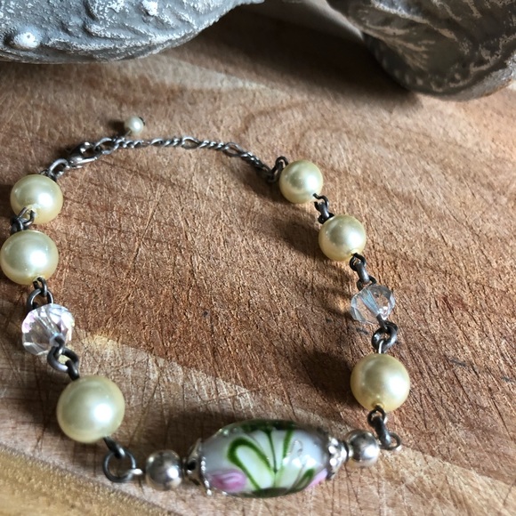 Simulated Pearl Lampwork Bracelet - Picture 2 of 7